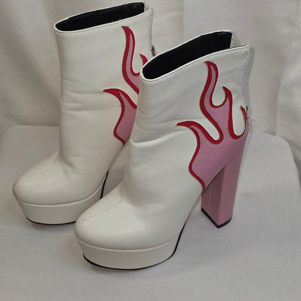 White and Pink Flame Platform Ankle Boots High Block Heel Zip Up Size 38